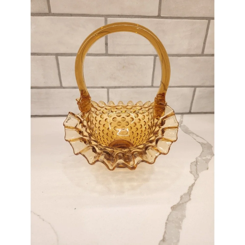 Fenton Vintage Amber Hobnail Glass Basket Ruffled Crimped Edges